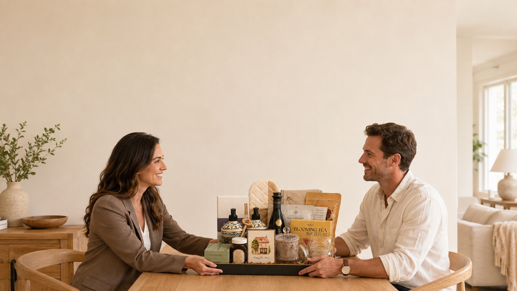 A real estate agent presenting the Estate Collection closing gift to a smiling client at his new home