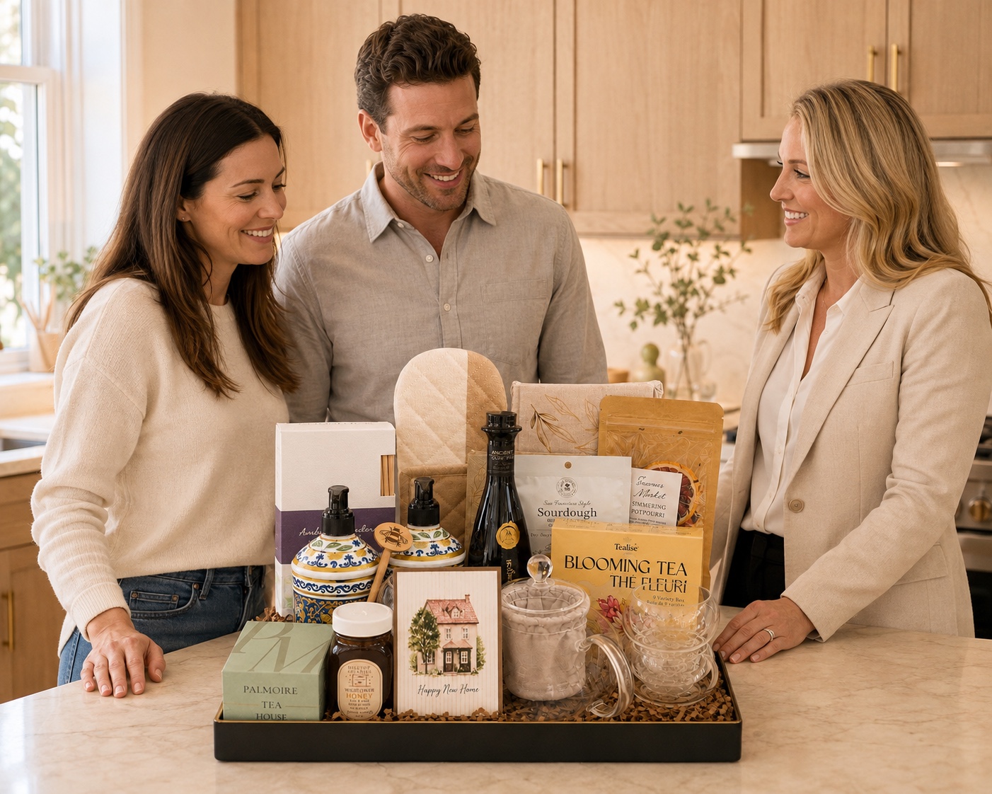 Clients and their agent sharing a smile around the complete Estate Collection gift at a kitchen island