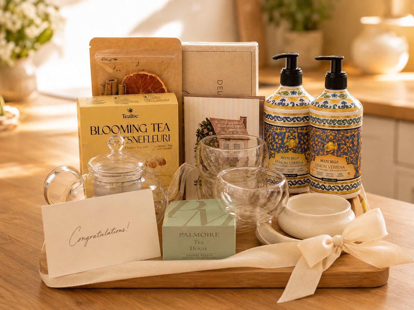 A welcome gift arranged on a wooden tray and finished with an ivory ribbon and bow