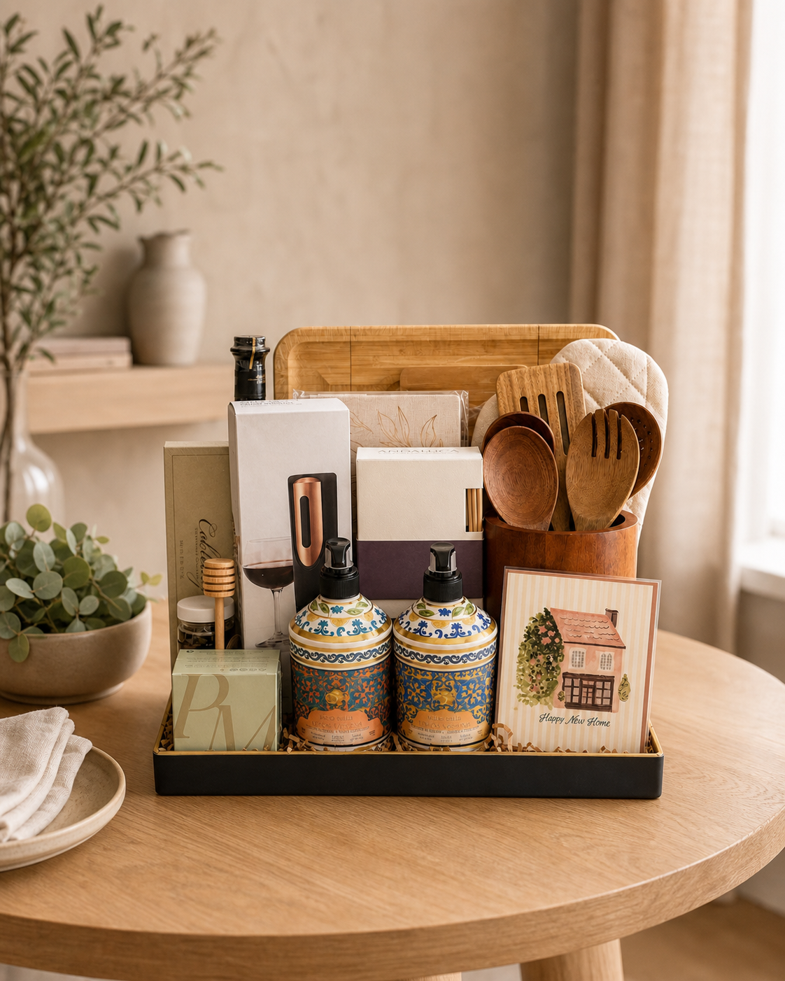 A curated closing gift collection arranged on a light oak table