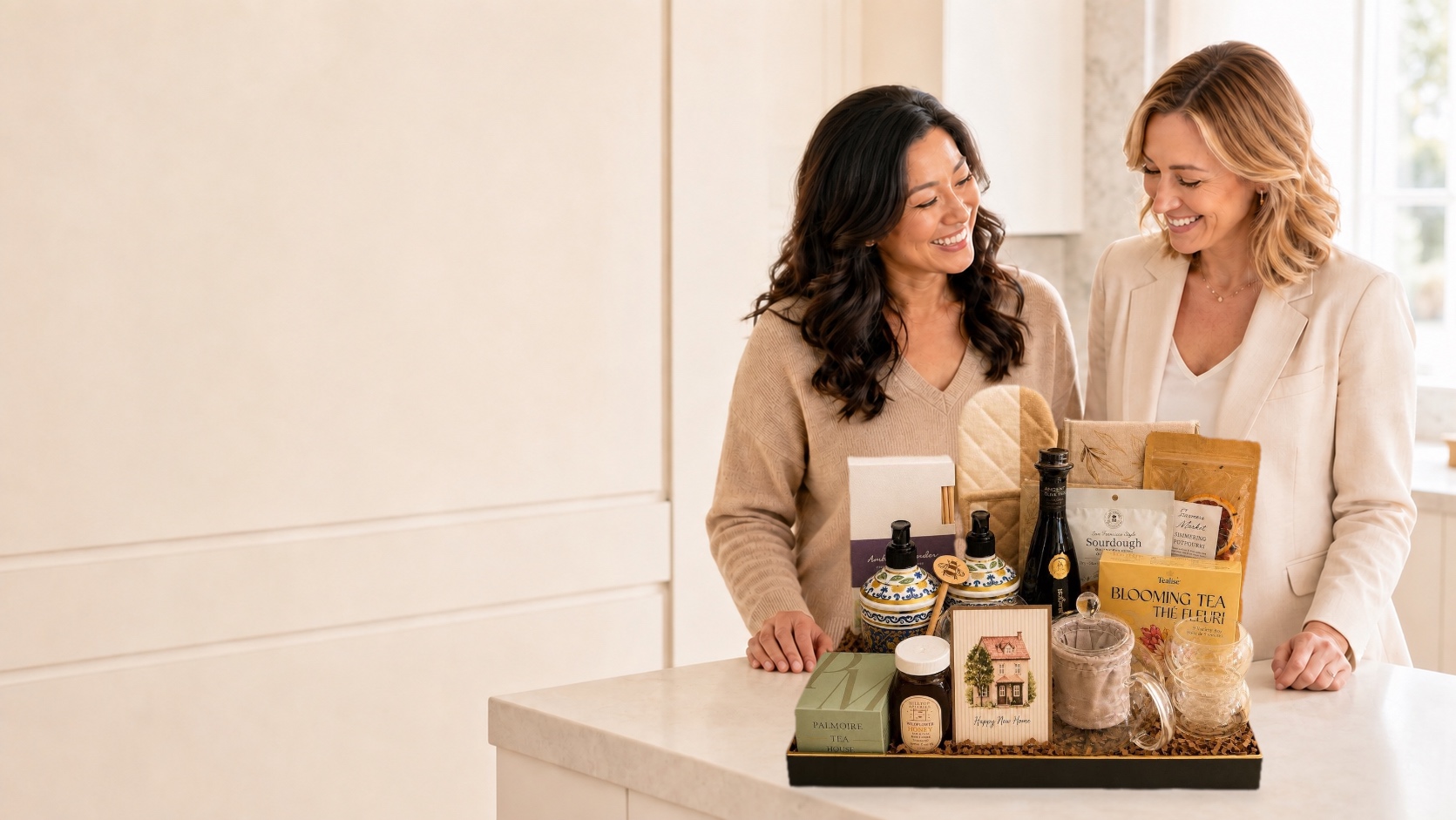 A real estate agent and her client sharing a closing-day moment with the photographed Estate Collection on the kitchen island
