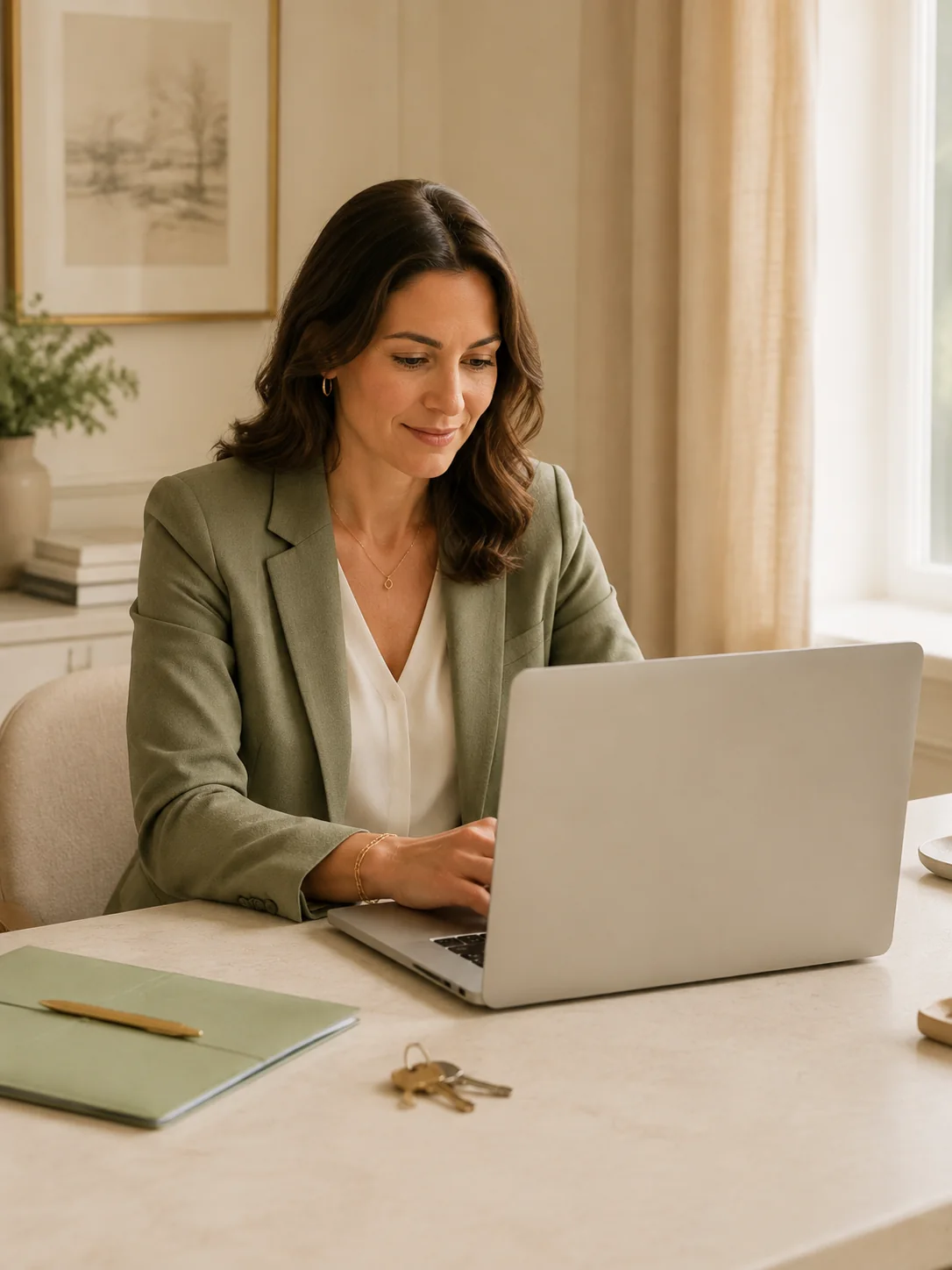 A real estate professional choosing a welcome collection while working at her laptop