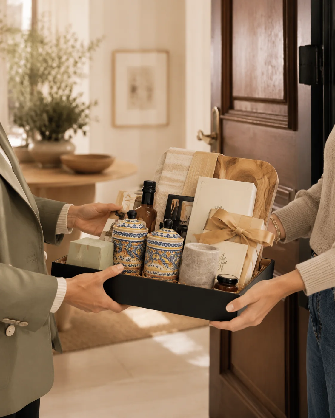 A completed welcome collection being delivered at a client’s front door