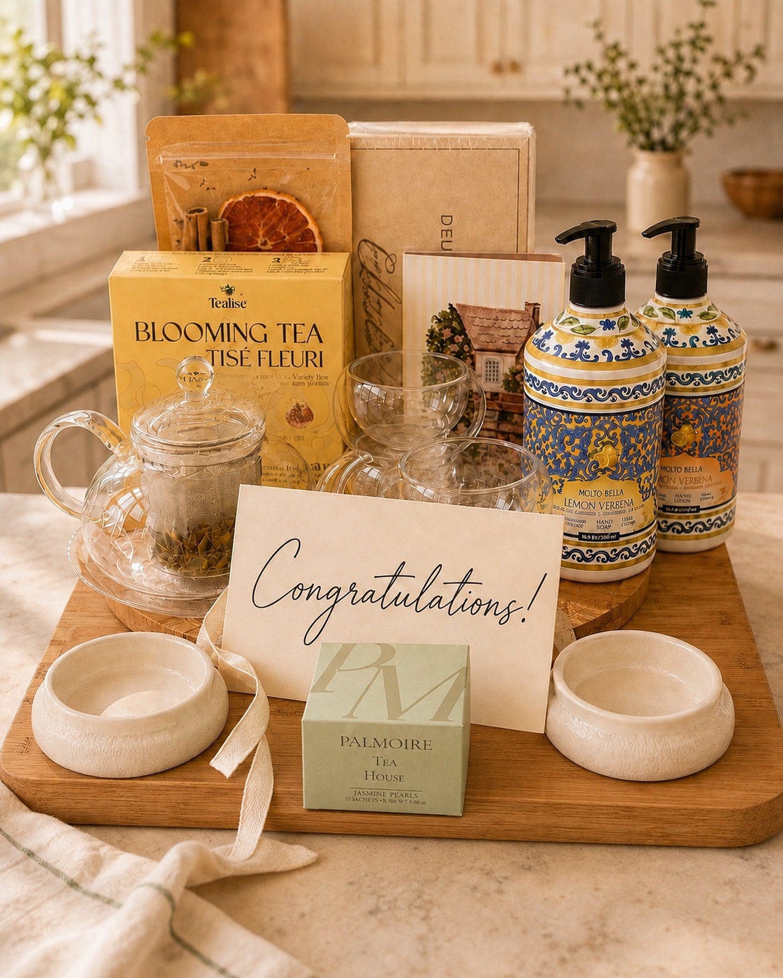 The Signature Welcome collection with an ivory Congratulations! card tucked into the gift