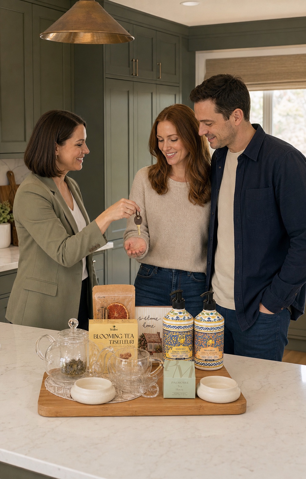 A real estate agent handing house keys to a husband and wife while their Signature Welcome gift rests on the kitchen island