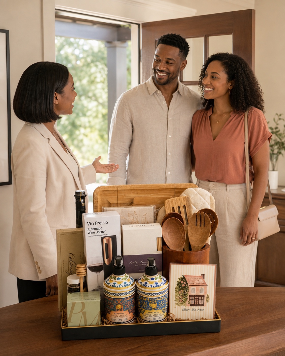 Illustrative scene of an agent welcoming clients beside the Concierge Collection at their new home’s entrance