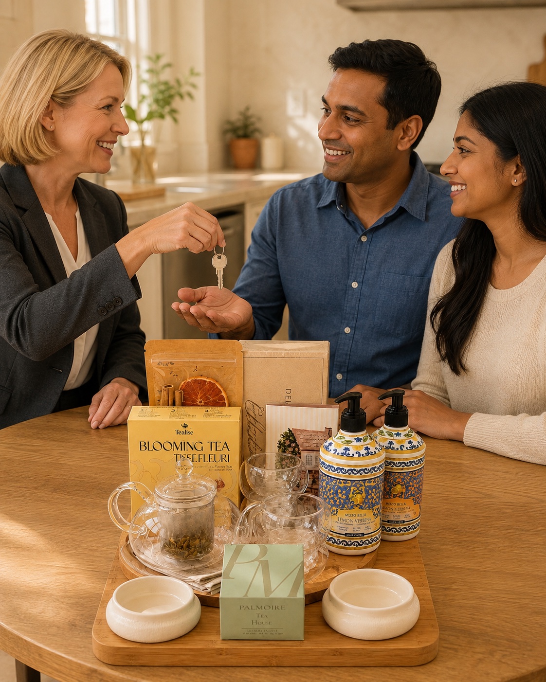 Illustrative scene of a closing-day key handoff with the Signature Welcome gift on a table