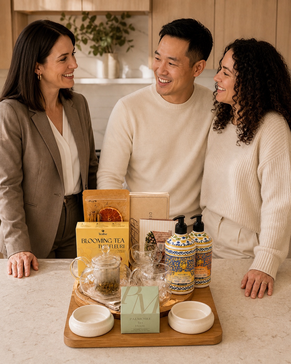 Illustrative scene of an agent and happy clients with the Signature Welcome gift on a kitchen island